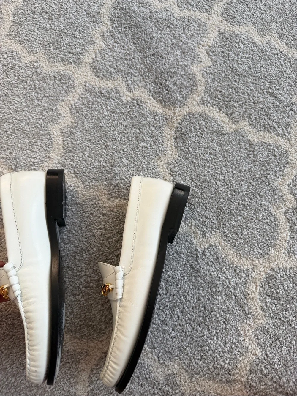 Celine White Leather Loafers with Gold Chain Accent